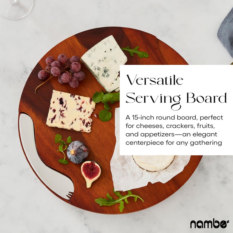 Nambe NambÃ© Cheese Block and Knife Set â€“ Round Acacia Wood Board Featuring Stainless Steel Details, Contemporary Tray with Spreader, Stylish Table Accent for Parties, Gatherings, and Dining - Image 3